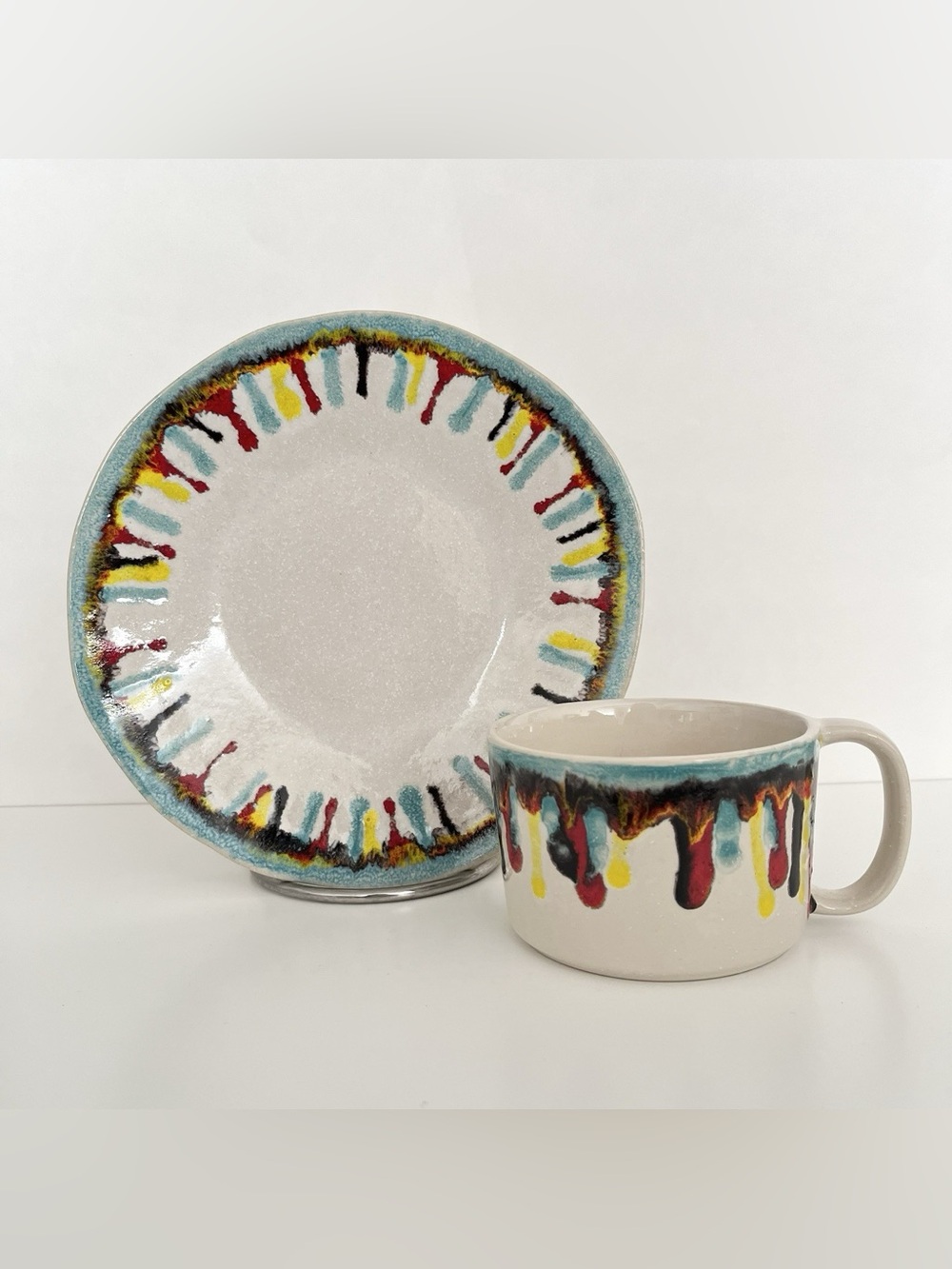 Vintage Crate & Barrel Gallery Pattern Stoneware Cup & Plate Paint Drip Artsy